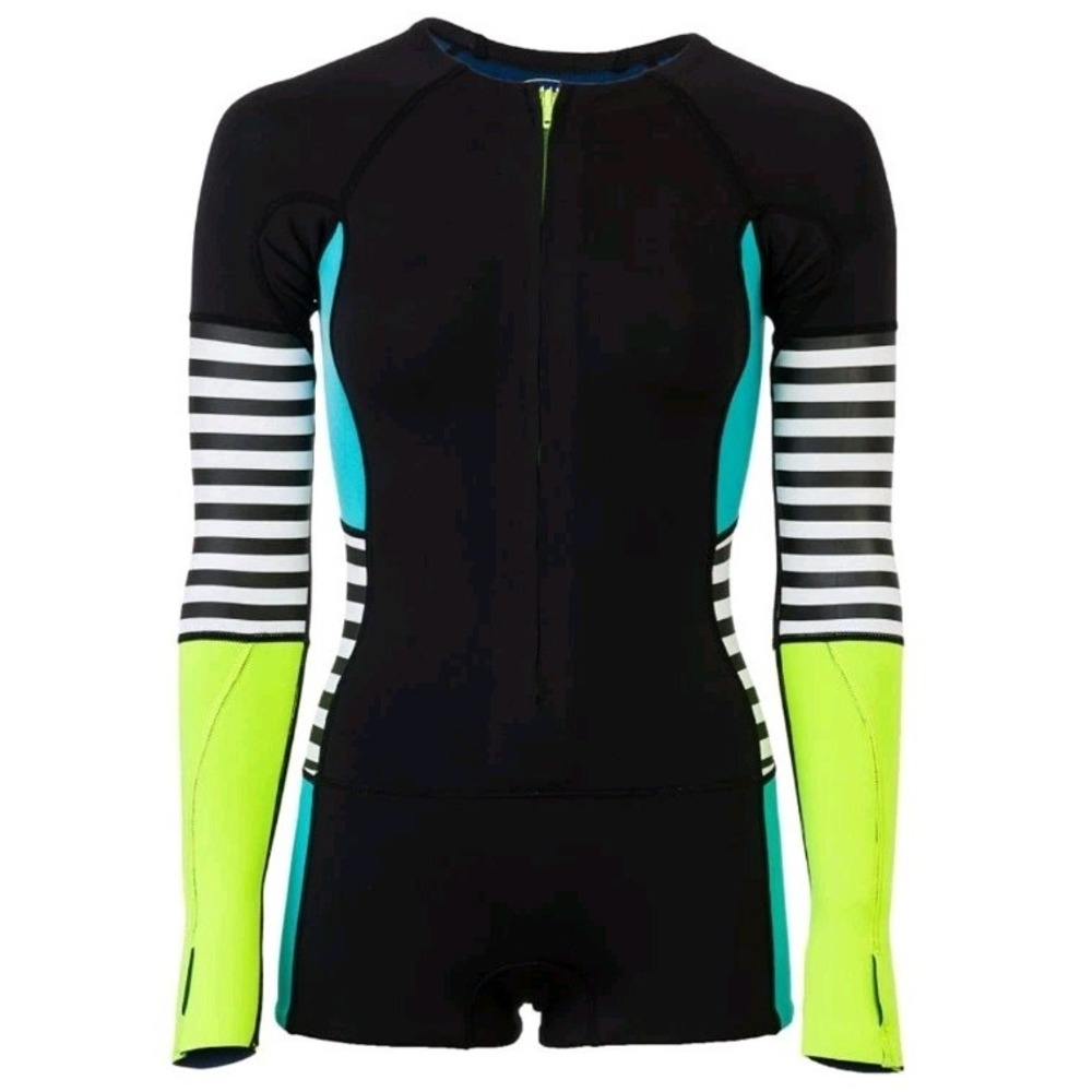 Roxy Womans Shorty Wetsuit Water Ocean Size 4/S Neon Black Shorts Zip EUC Swim